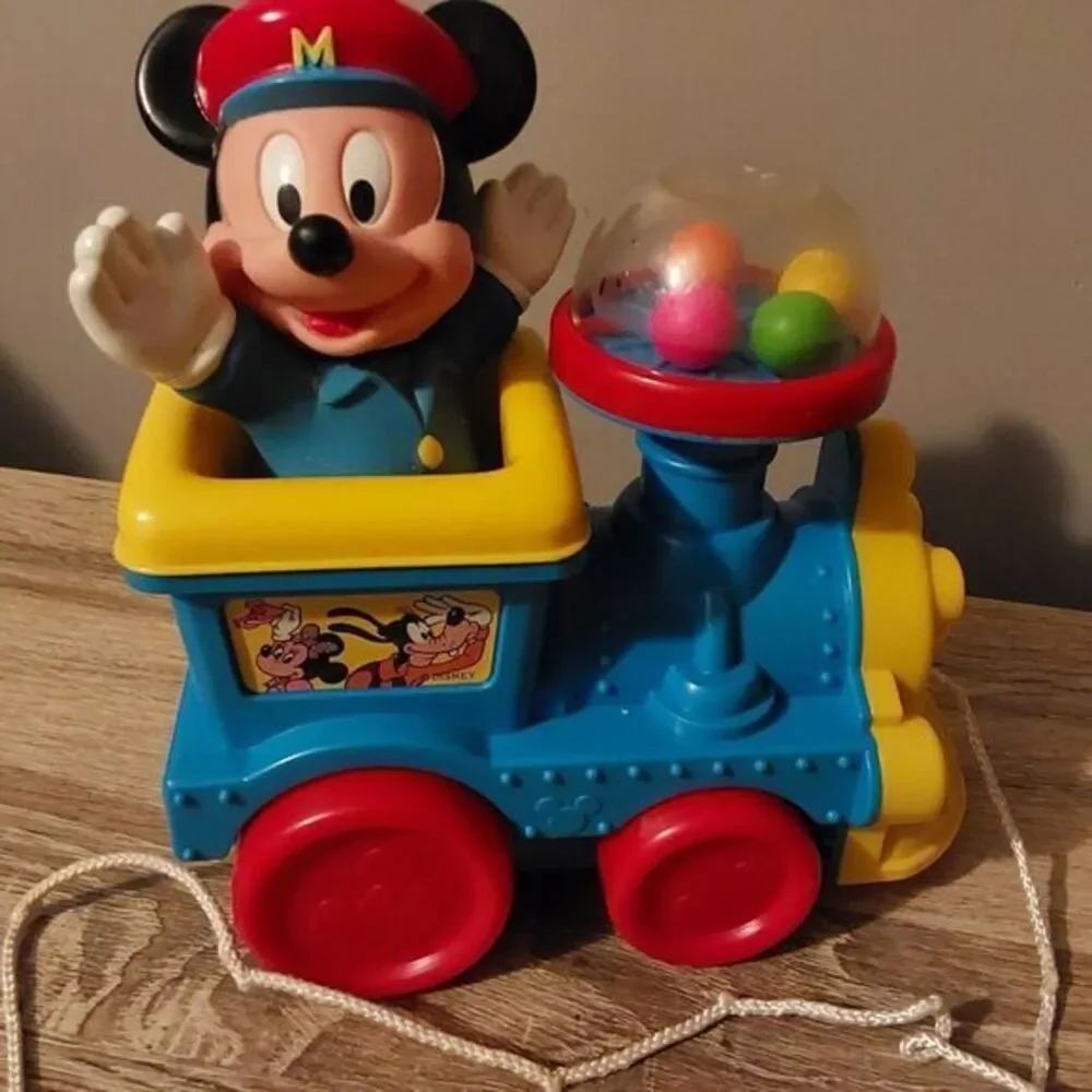 Vintage Plastic Disney Mickey Mouse on Train Pull Toy Balls Pop‎ Up when pulled